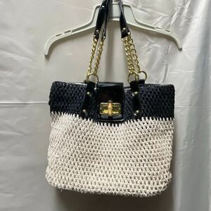 Pritzi black and natural woven tote leather and cotton